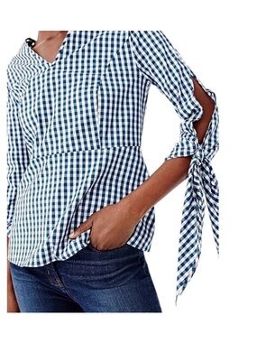 J. Crew poplin tie-sleeve top in Sailor Blue Gingham Size Small NWT